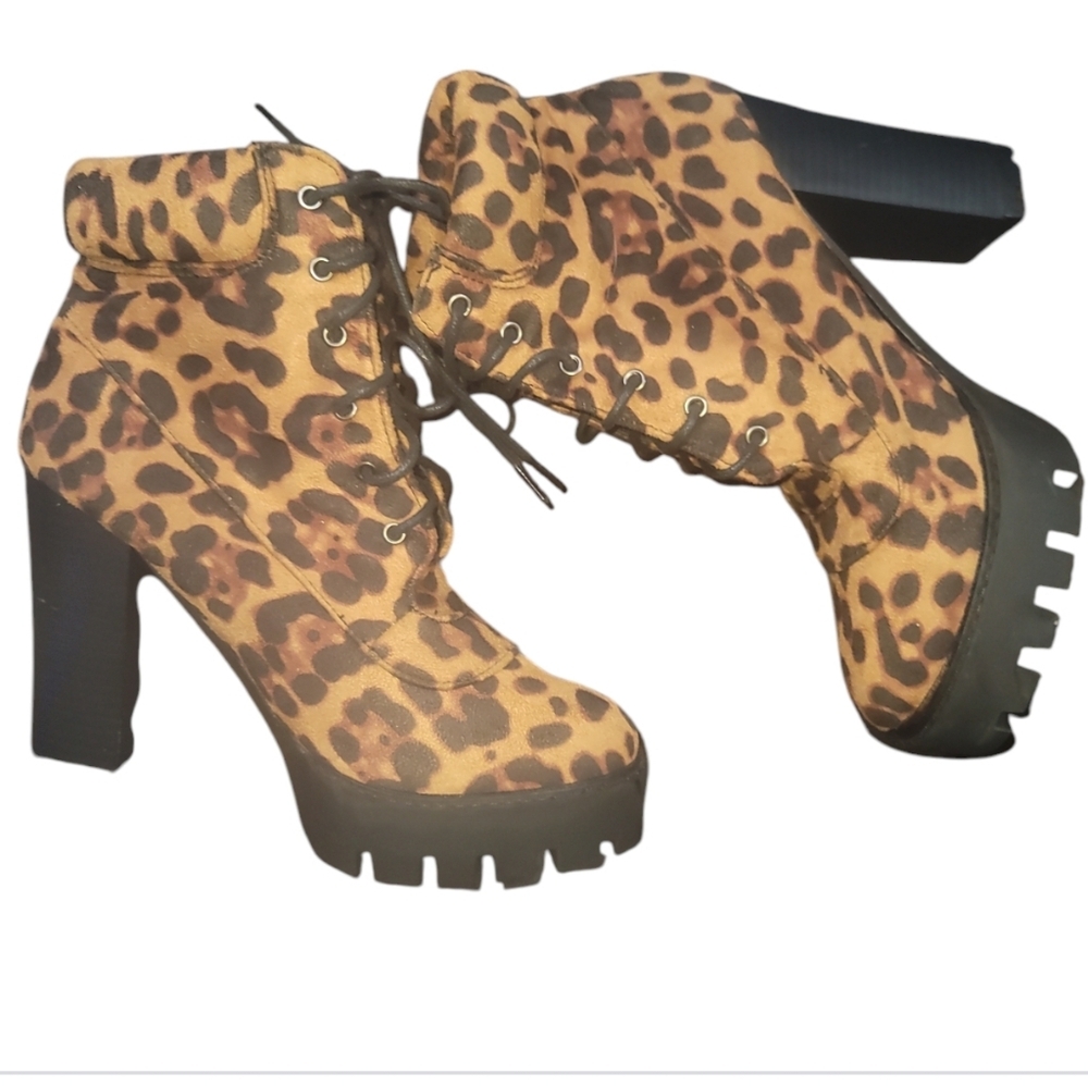 Yoki elan-02 leopard print suede chunky platform lace up combat ankle boots 8 - Picture 4 of 10